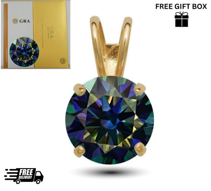 14K Gold GRA Certified D-VVS1 Round Rainbow Blue Moissanite Pendant