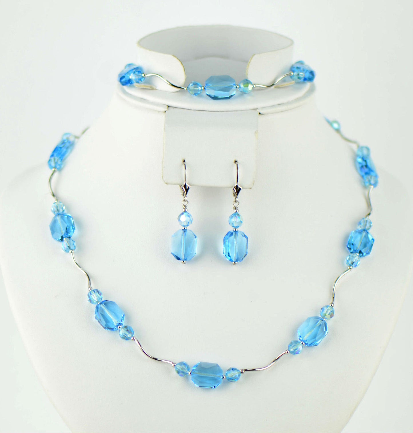 Sterling Silver Crystal Jewelry 3 PC Set Necklace Bracelet and earrings