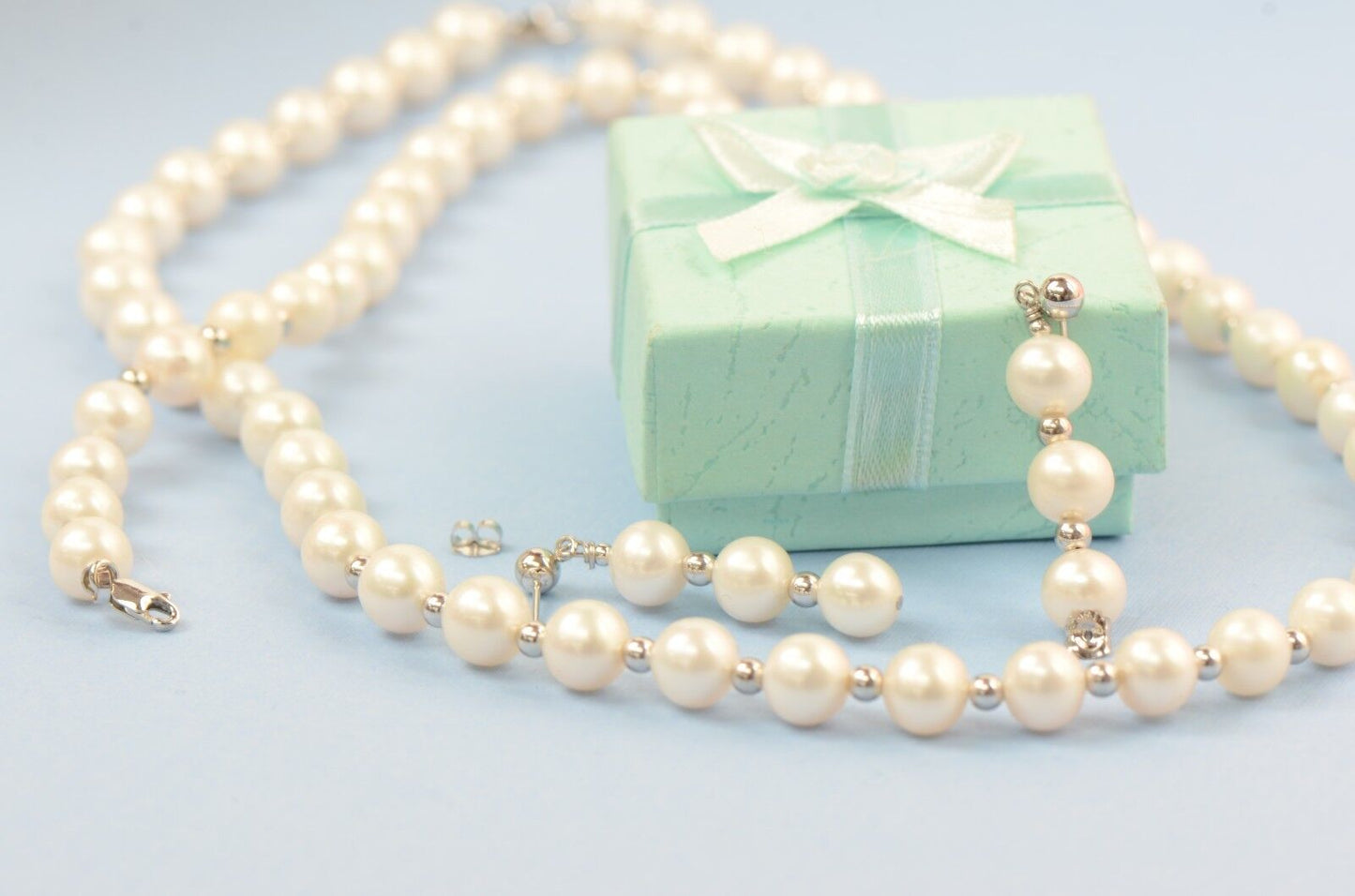 14K White Gold Natural White genuine Pearl Necklace, Bracelet, Earrings Set