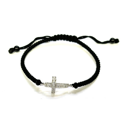 925 Sterling Silver String CZ Bracelet Cross 6" Adjustable to 11"