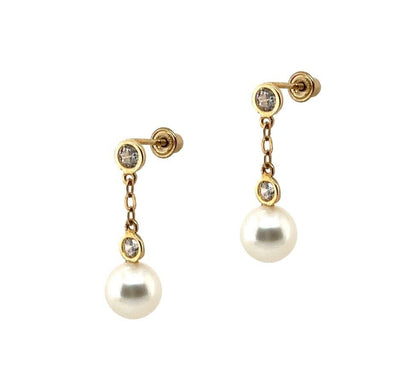 14K Gold Dangle Earrings With Genuine Freshwater Cultured Pearl 6mm Screw Back