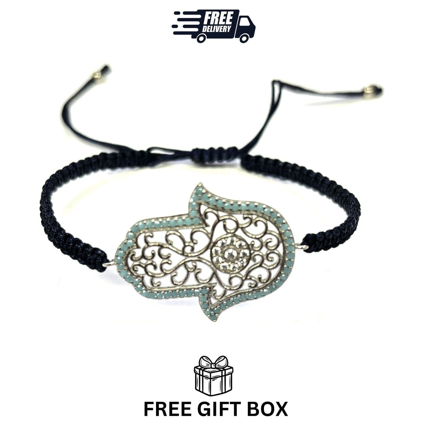 925 Sterling Silver  C Z Hamsa Bracelet 6" Adjustable to 11"