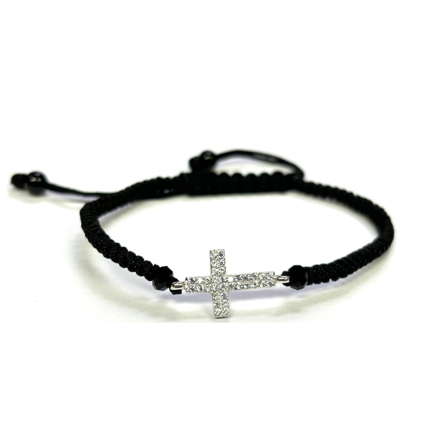 925 Sterling Silver String CZ Bracelet Cross 6" Adjustable to 11"