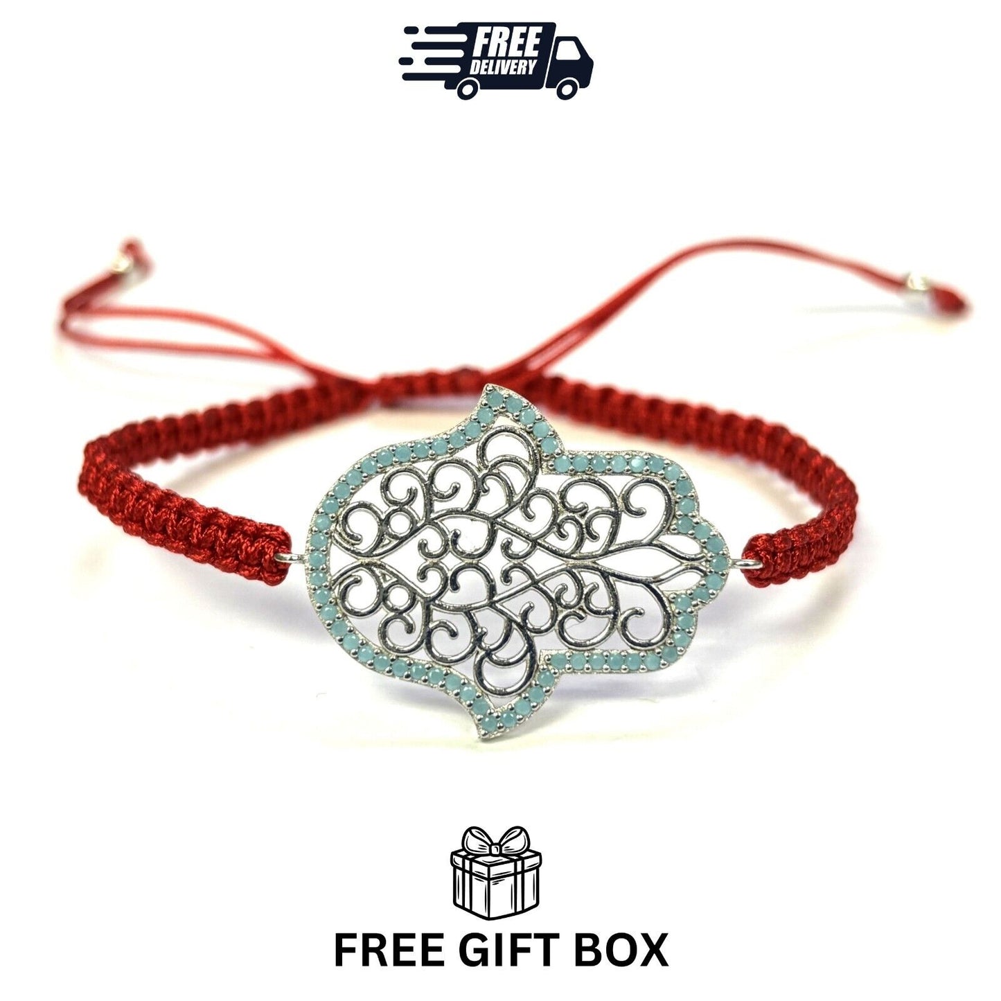 925 Sterling Silver  C Z Hamsa Bracelet 6" Adjustable to 11"