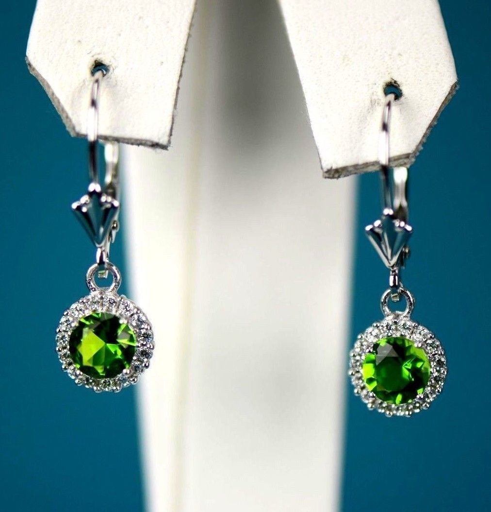 Sterling Silver 925  Halo Dangle Round Leverback Pierced Earrings Birthstone