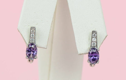 12 month Birthstone&CZ Prong 925 Sterling Silver Oval Dangle Leverback Earring