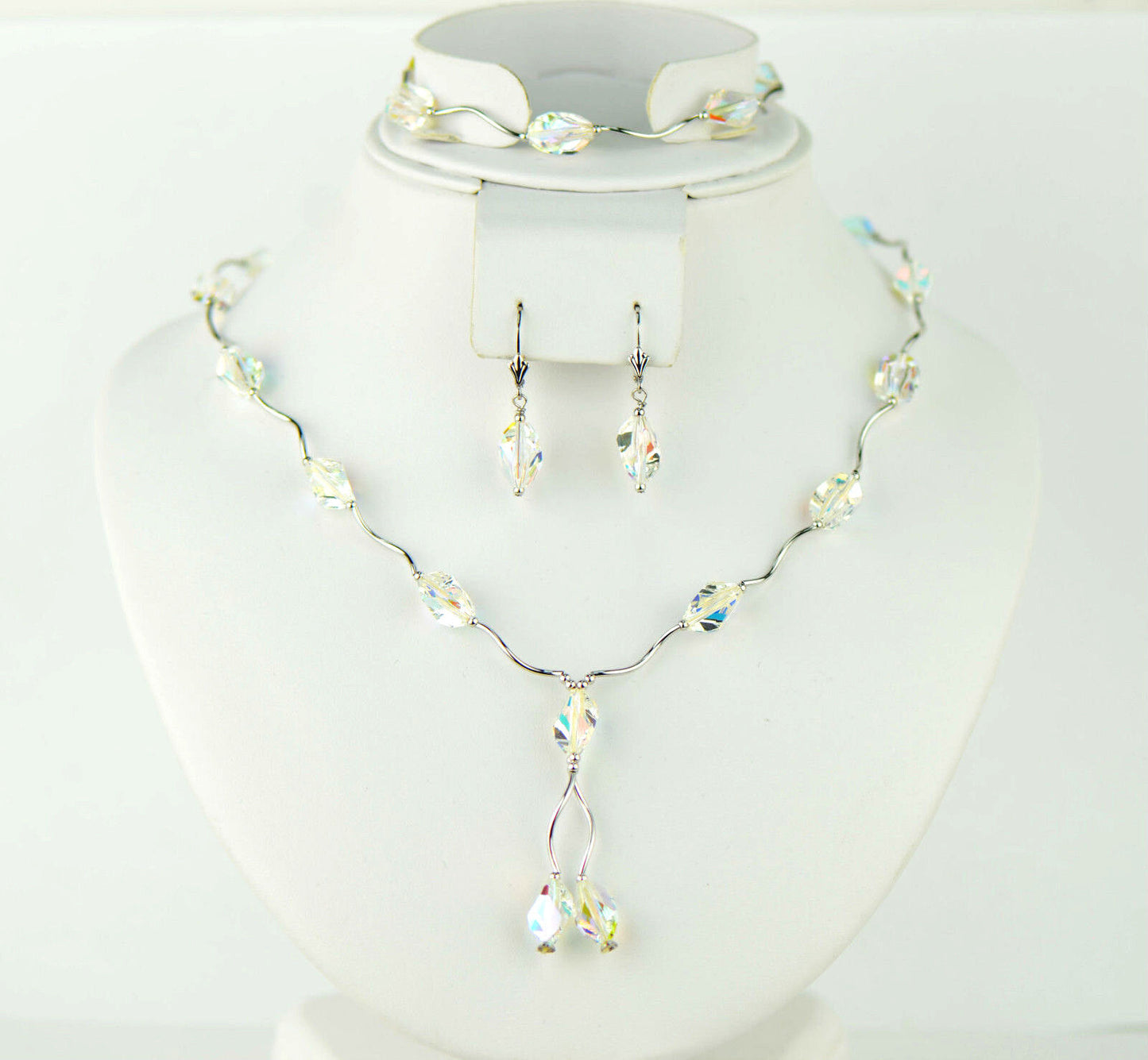 Sterling Silver Crystal Jewelry 3 pc set necklace bracelet and earrings