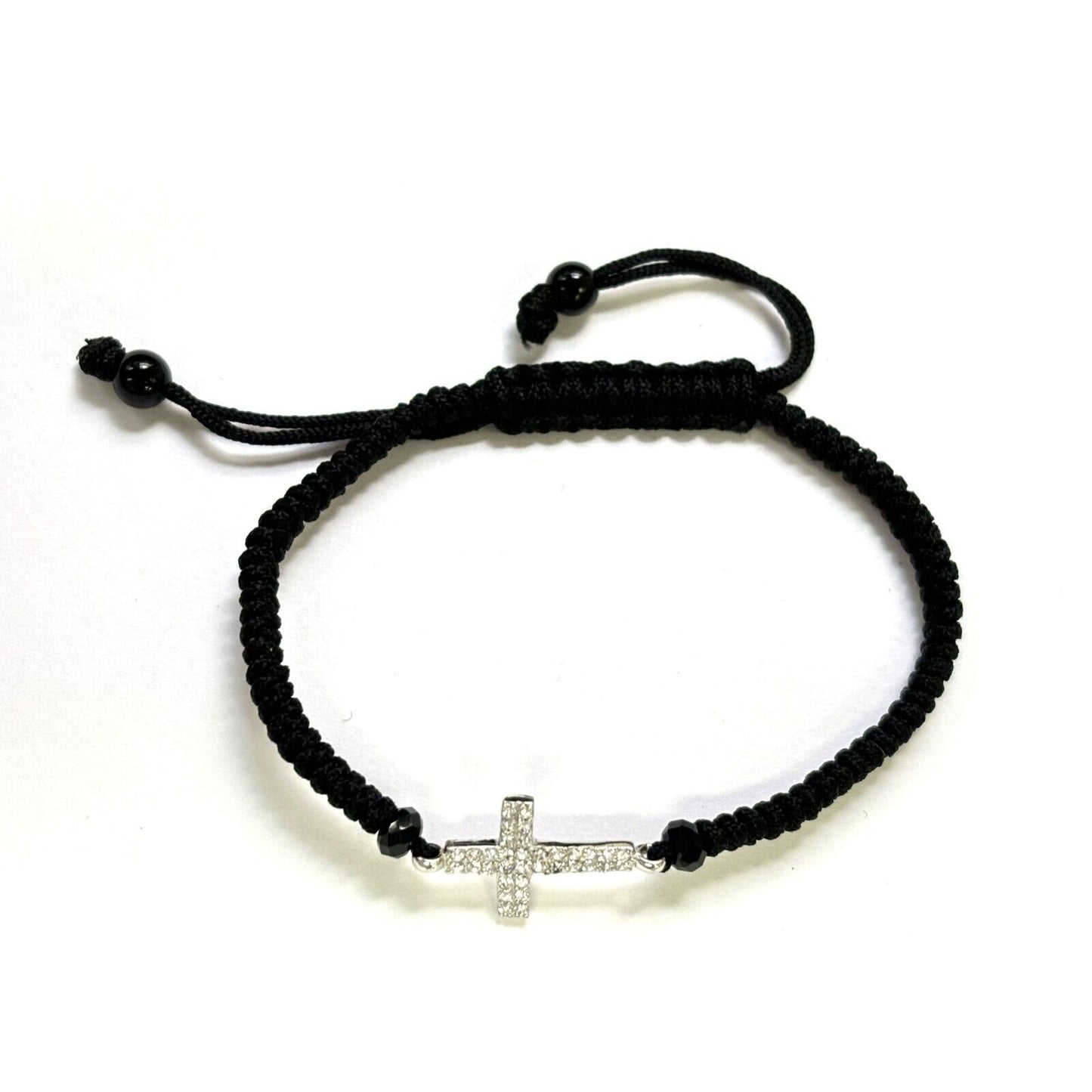 925 Sterling Silver String CZ Bracelet Cross 6" Adjustable to 11"