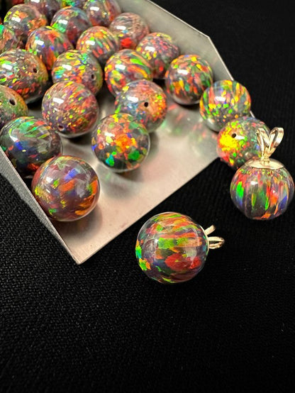 Half Drilled Fire Black Synthetic Lab Created Opal Round Beads