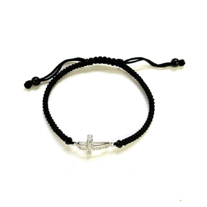 925 Sterling Silver String CZ Bracelet Cross 6" Adjustable to 11"