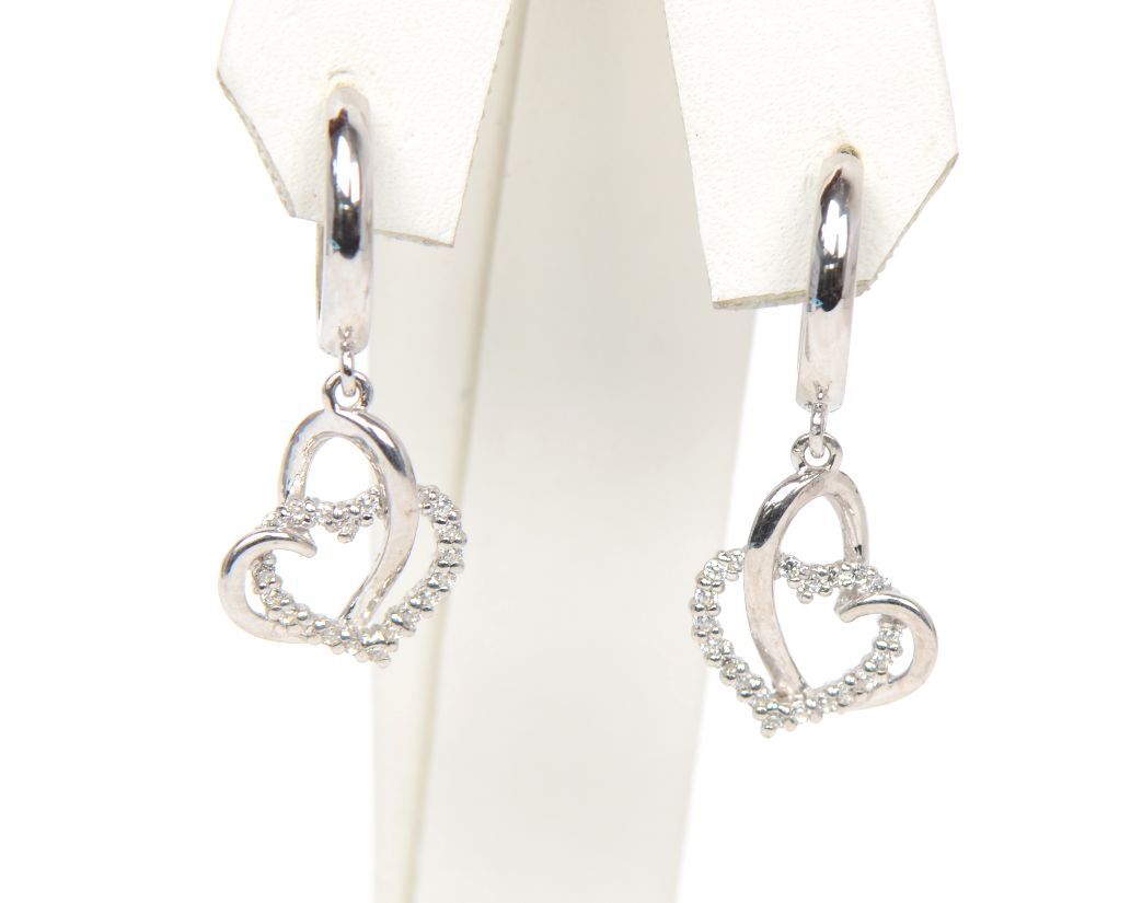 .925 Sterling Silver Huggie Dangle Heart Shape Earrings