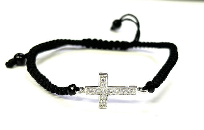 925 Sterling Silver String CZ Bracelet Cross 6" Adjustable to 11"