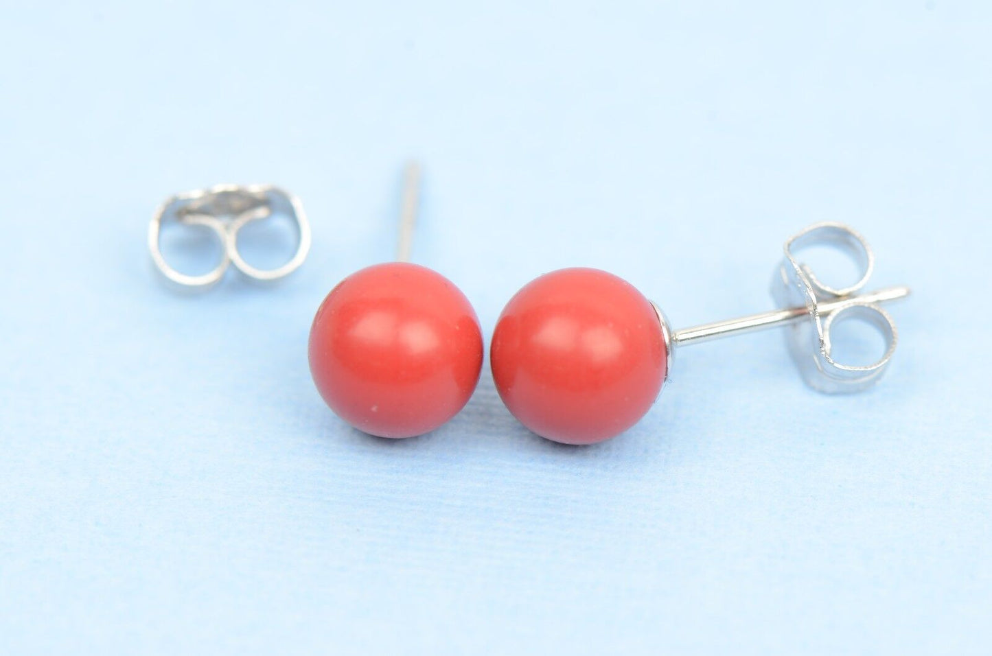 Sterling Silver 925 Red Round Coral Stud Earrings 4-8mm with Push Back