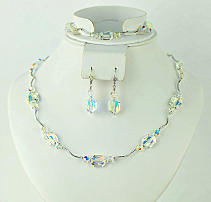 Sterling Silver Crystal Jewelry 3 PC Set Necklace Bracelet and earrings