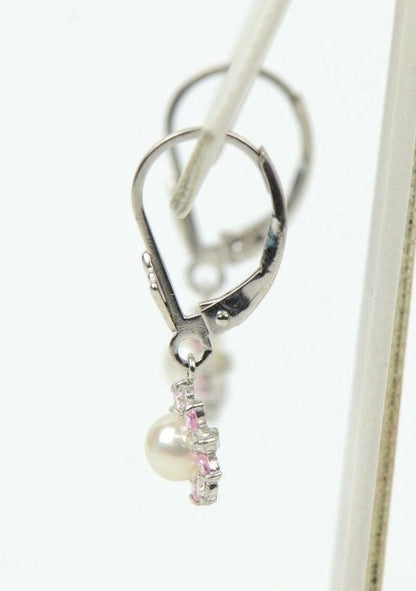 Sterling Silver 925 White Pearl Flower CZ Dangle Earrings