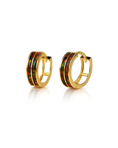 14k Yellow/White Gold Double Row Dark Green Opal Huggie Hoop Earrings