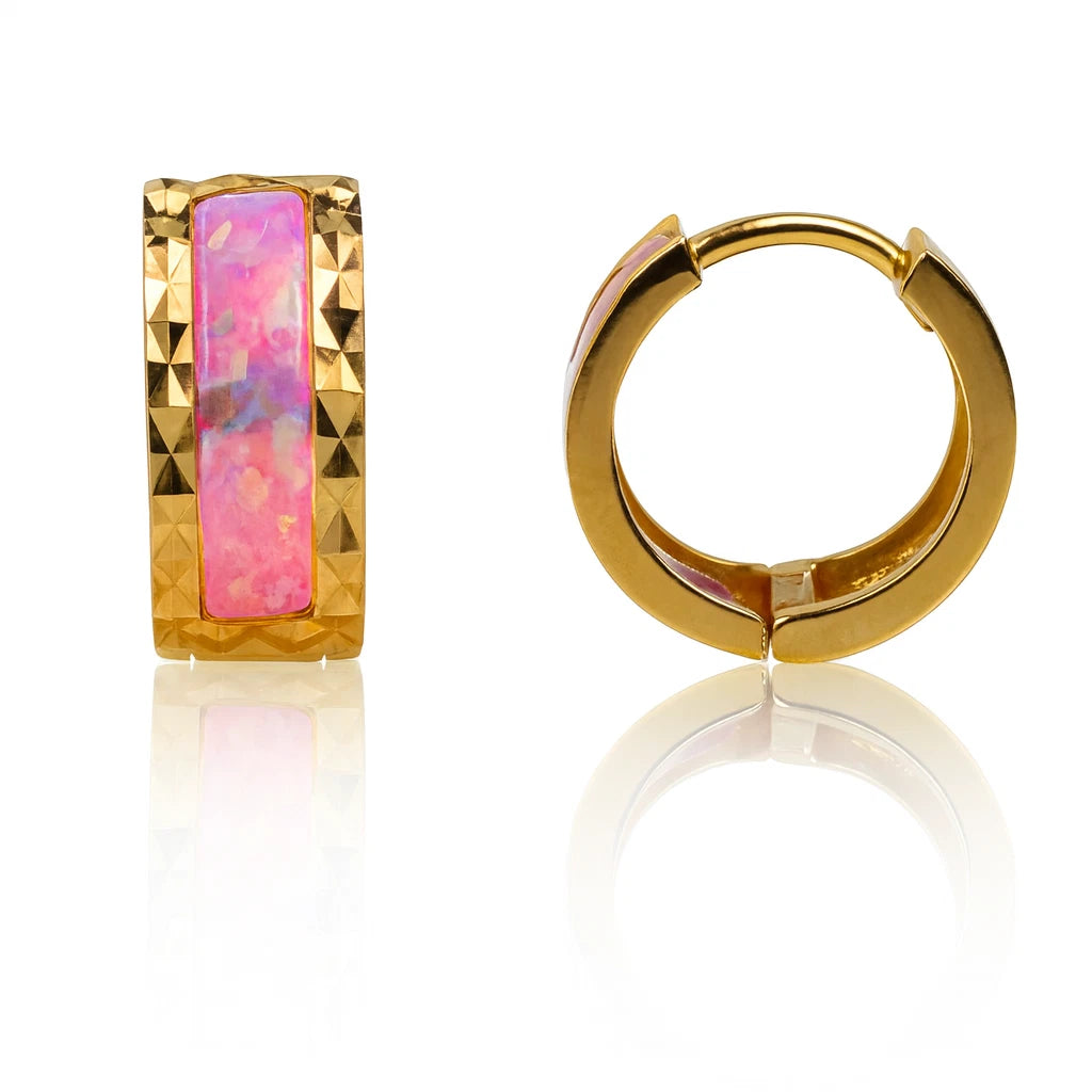 14k Yellow Gold Opal Huggie Hoop Earrings