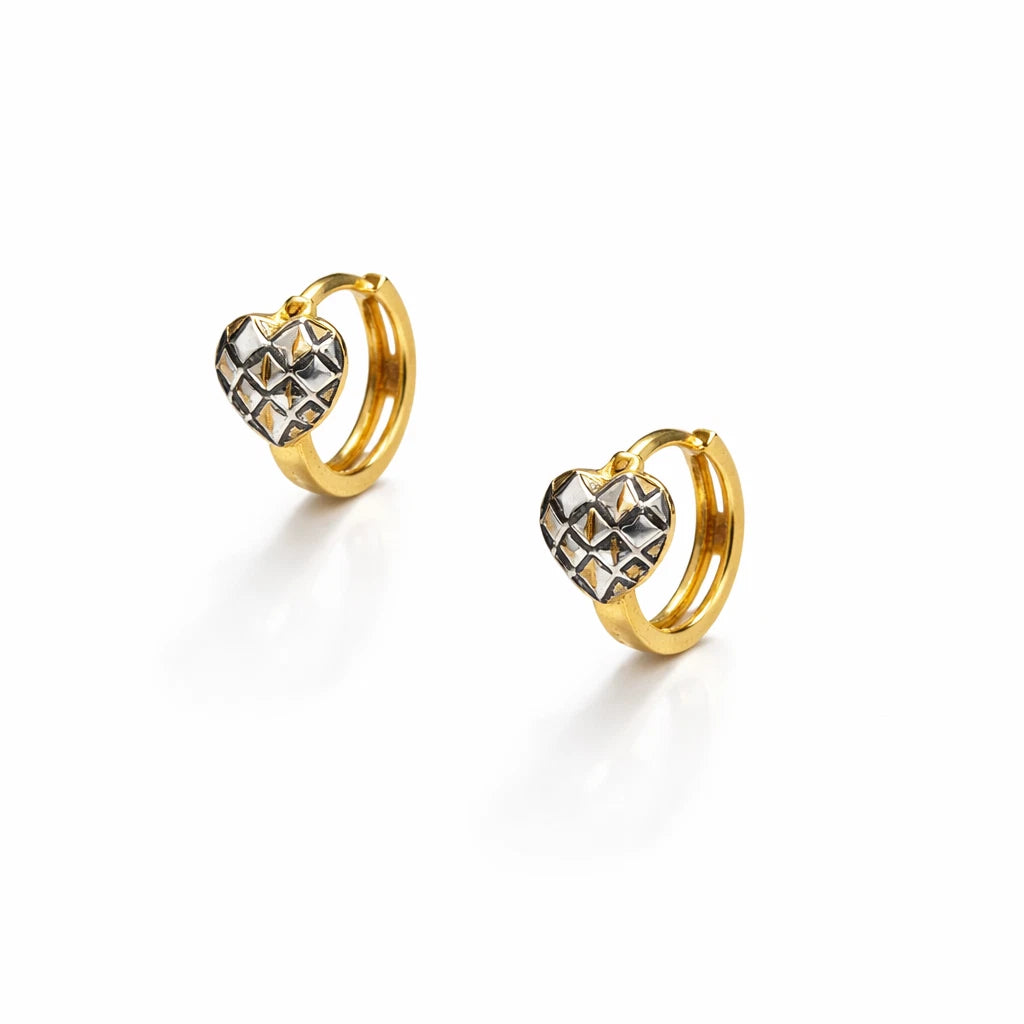 14k Two Tone Diamond Cut Gold Heart Shape Huggie Earrings