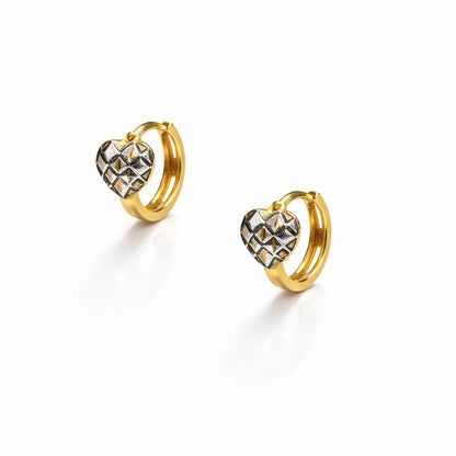 14k Two Tone Diamond Cut Gold Heart Shape Huggie Earrings