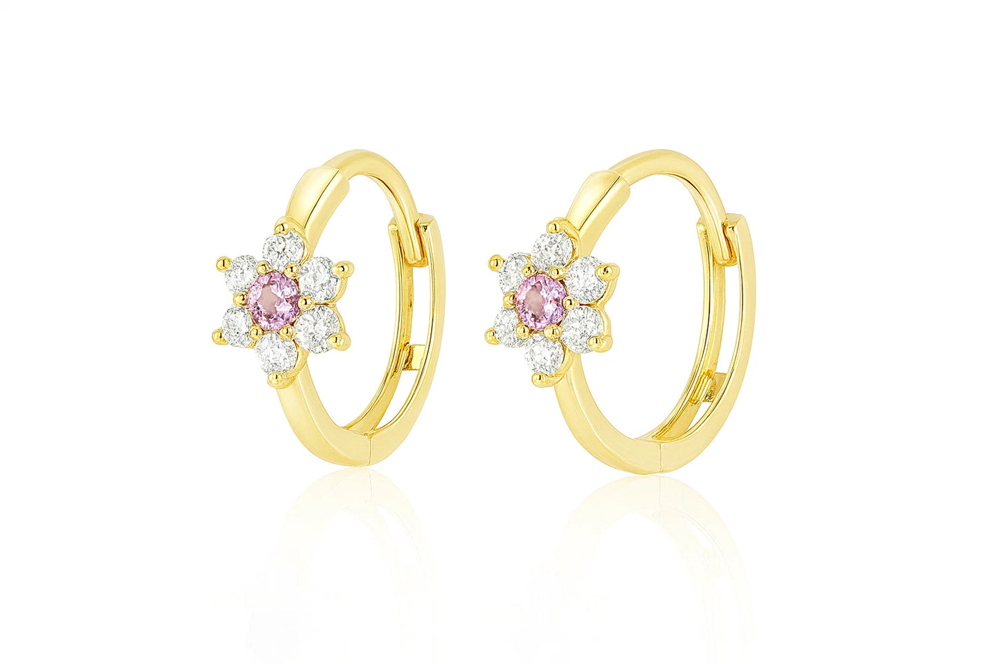14k Yellow Gold Flower Huggies Hoop Earring Birthstone