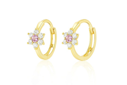 14k Yellow Gold Flower Huggies Hoop Earring Birthstone