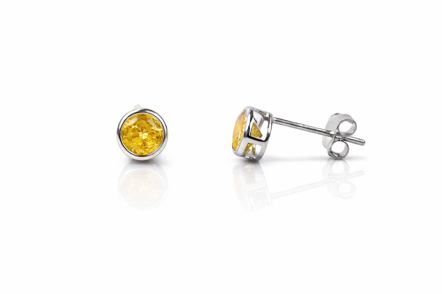 14K Round Bezel 4mm Set White Gold Birthstone Earrings