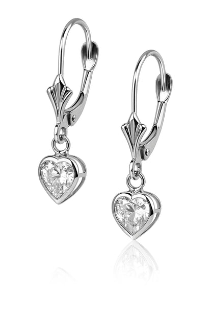 14k White Gold Dangle Bezel Heart CZ Leverback Pierced Earrings Birthstone 5x5MM