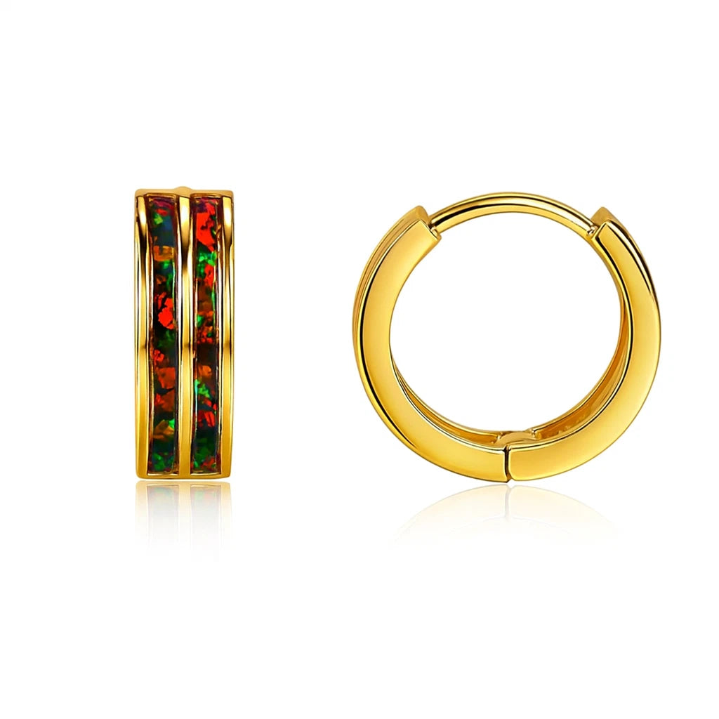 14k Yellow/White Gold Double Row Dark Green Opal Huggie Hoop Earrings