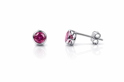 14K Round Bezel 4mm Set White Gold Birthstone Earrings
