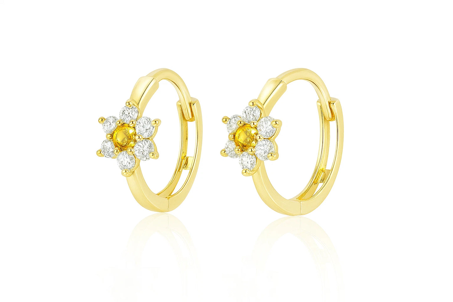 14k Yellow Gold Flower Huggies Hoop Earring Birthstone