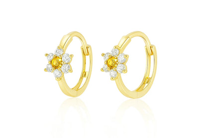 14k Yellow Gold Flower Huggies Hoop Earring Birthstone