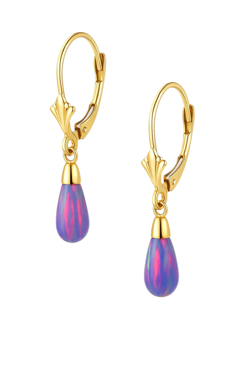 14k-Yellow and White Gold  Dangle  Purple Opal Leverback Earrings