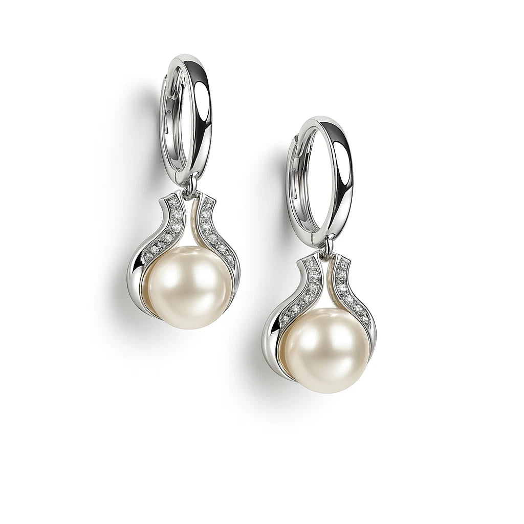 14K Yellow / White Gold Freshwater Pearl Huggie Hoop Dangle Earrings