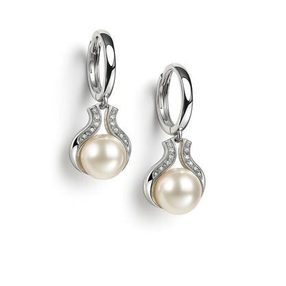 14K Yellow / White Gold Freshwater Pearl Huggie Hoop Dangle Earrings