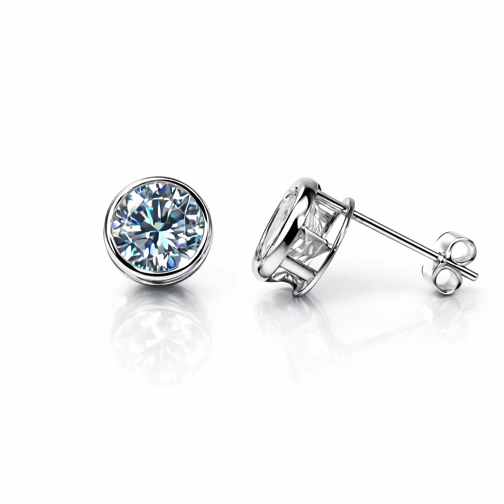 14K Round Bezel Set 6mm White Gold Birthstone Earrings