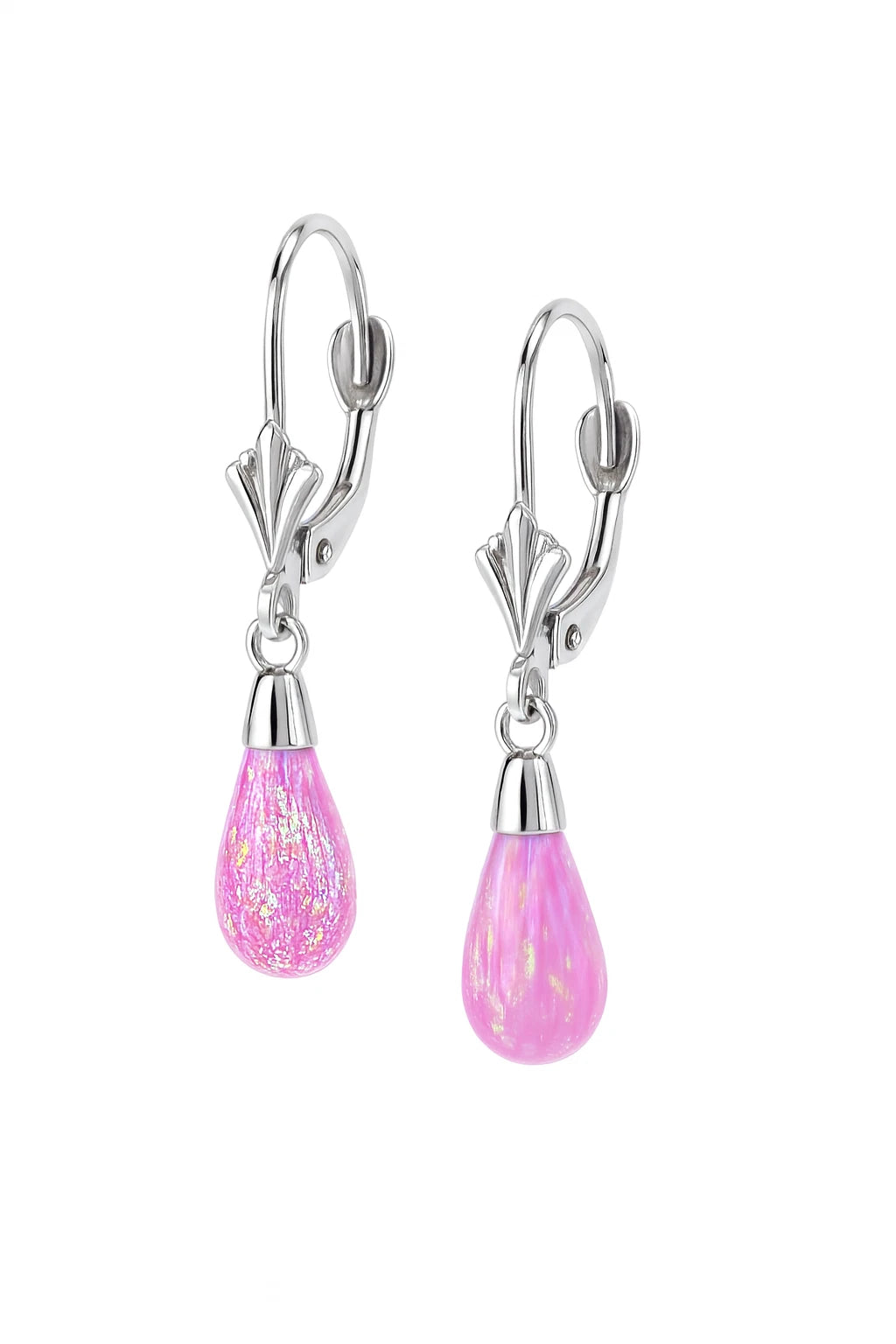 14k-Yellow and White Gold  Dangle Pink  Opal Leverback Earrings