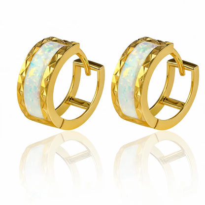 14k Yellow Gold Opal Huggie Hoop Earrings