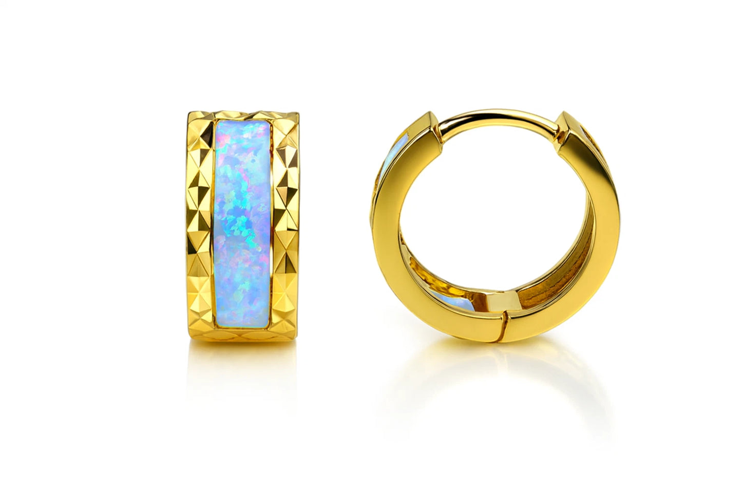 14k Yellow Gold Opal Huggie Hoop Earrings