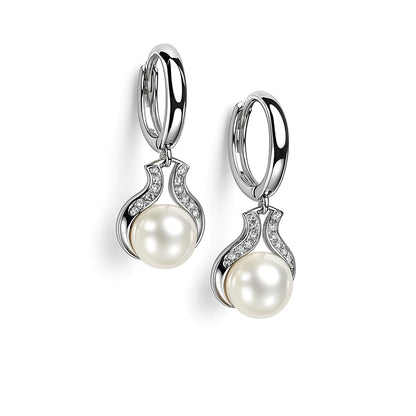 14K Yellow / White Gold Freshwater Pearl Huggie Hoop Dangle Earrings