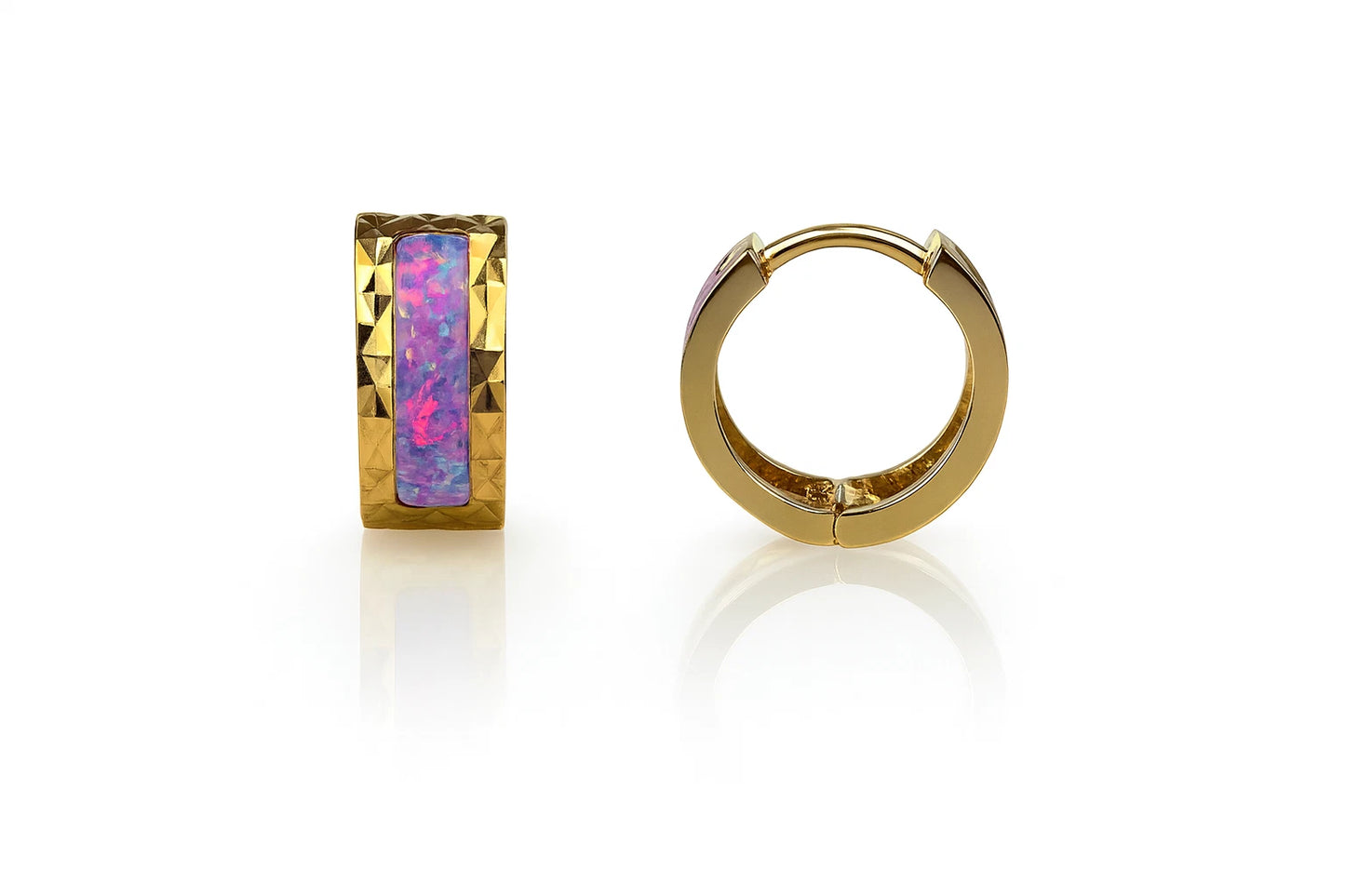 14k Yellow Gold Opal Huggie Hoop Earrings