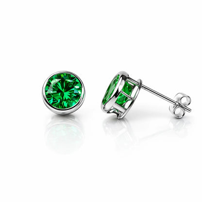 14K Round Bezel Set 6mm White Gold Birthstone Earrings