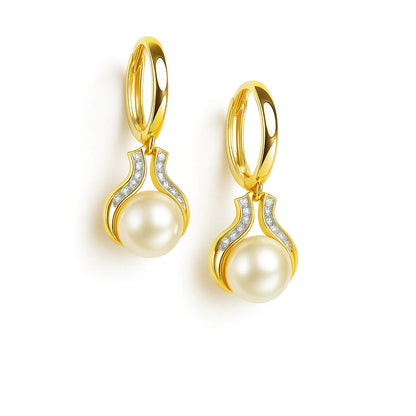 14K Yellow / White Gold Freshwater Pearl Huggie Hoop Dangle Earrings