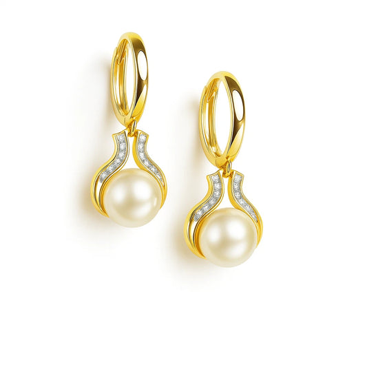 14K Yellow / White Gold Freshwater Pearl Huggie Hoop Dangle Earrings