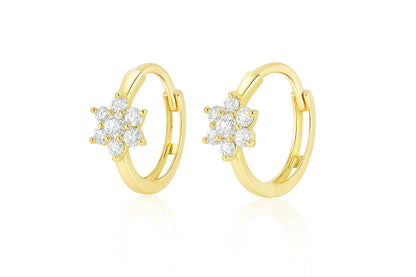 14k Yellow Gold Flower Huggies Hoop Earring Birthstone