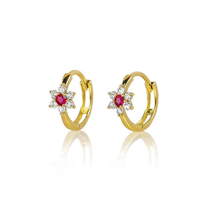 14k Yellow Gold Flower Huggies Hoop Earring Birthstone