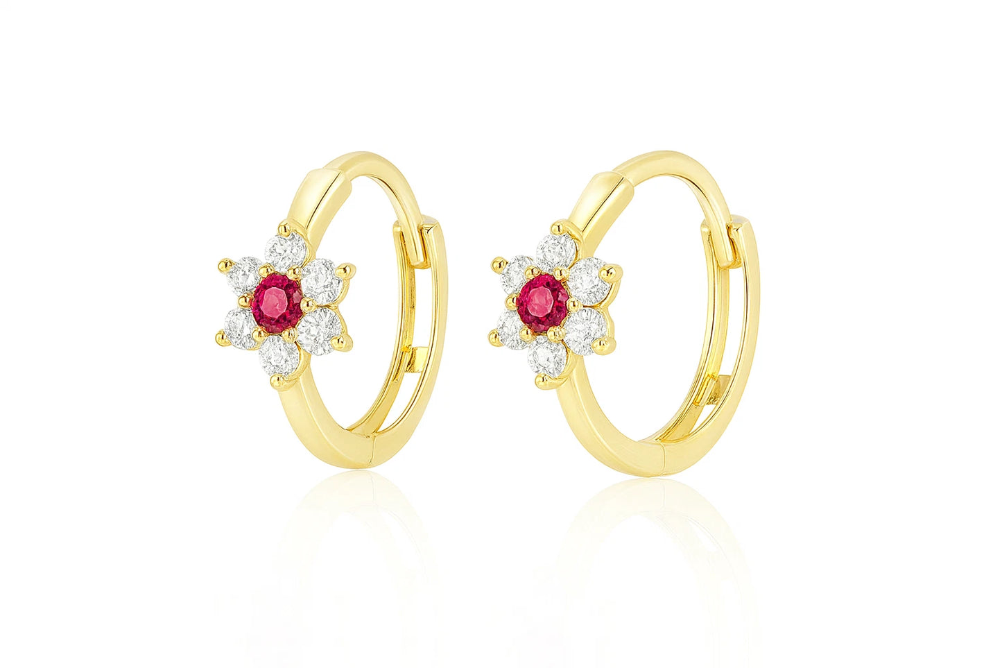 14k Yellow Gold Flower Huggies Hoop Earring Birthstone