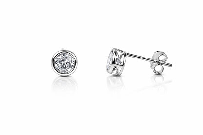 14K Round Bezel 4mm Set White Gold Birthstone Earrings