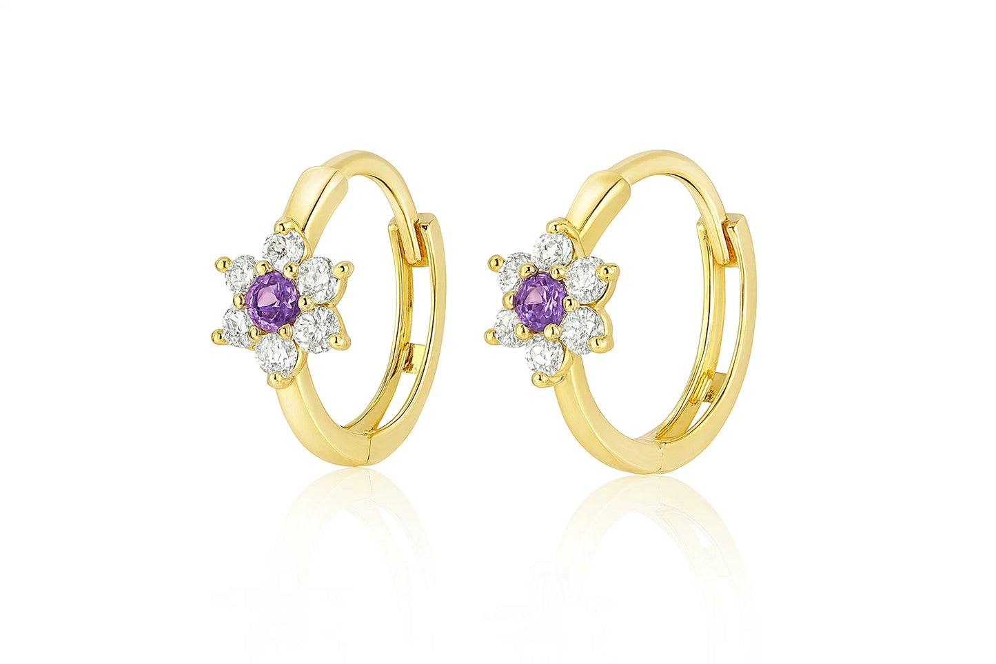 14k Yellow Gold Flower Huggies Hoop Earring Birthstone