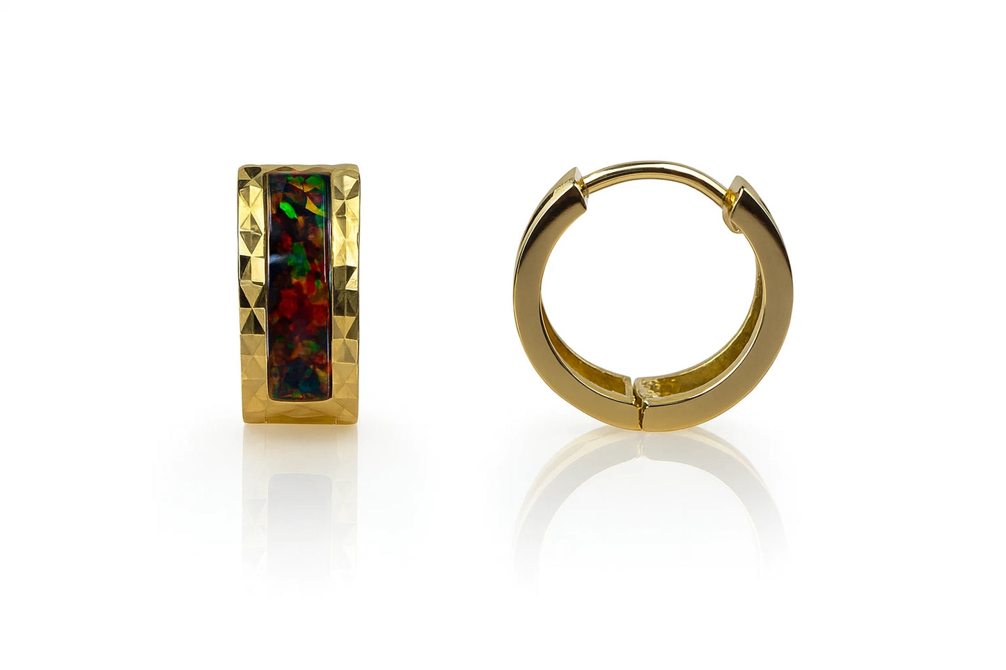 14k Yellow Gold Opal Huggie Hoop Earrings