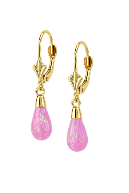 14k-Yellow and White Gold  Dangle Pink  Opal Leverback Earrings